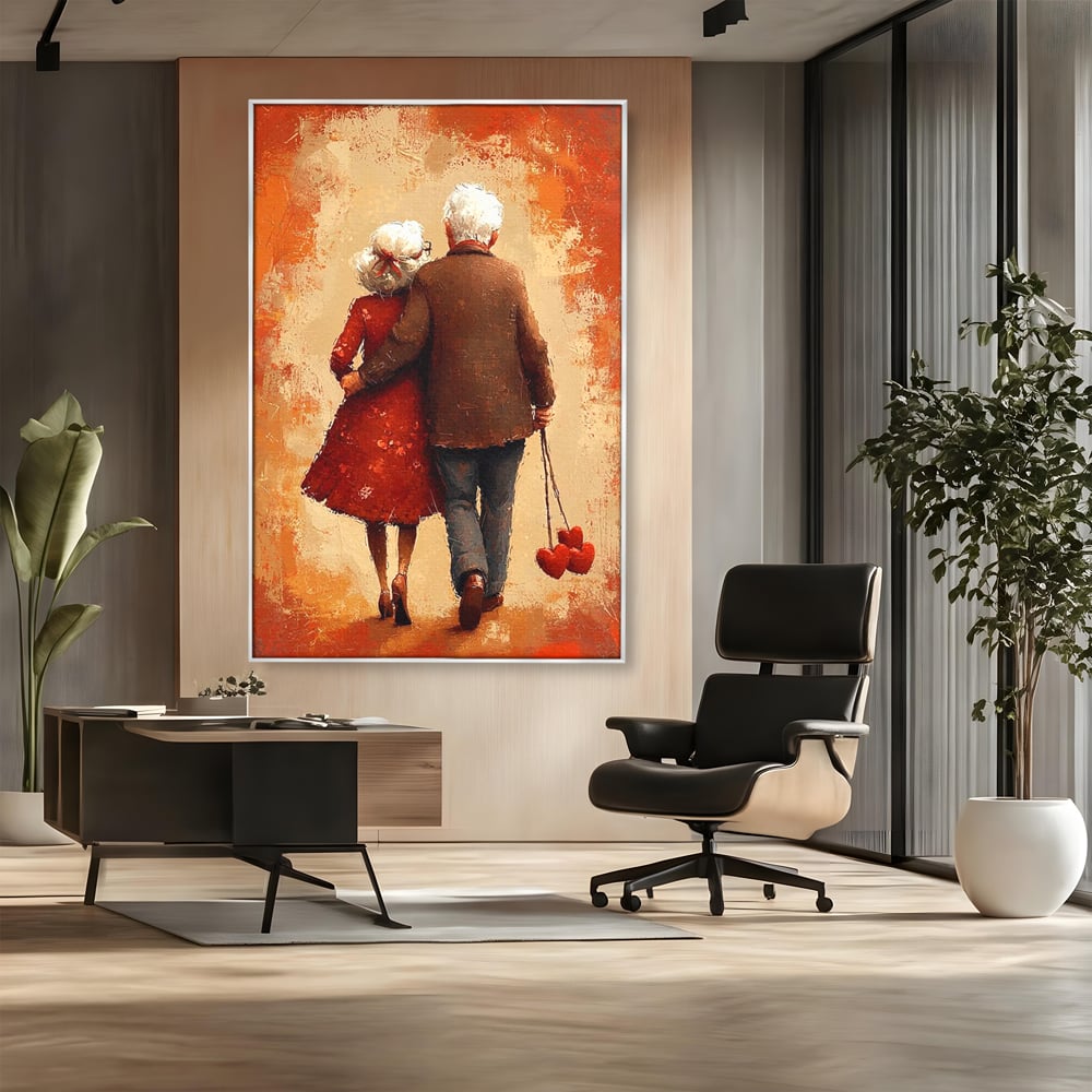 Tablou canvas cu pictura cu un cuplu in varsta imbratisat, in rama de aluminiu argintiu, pe perete intr-un birou